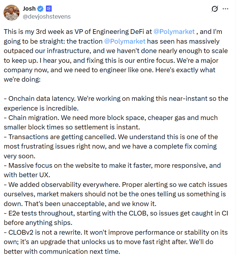 Polymarket's VP of Engineering <a href="/devjoshstevens/">Josh</a>  just admitted publicly that their current infrastructure that using Polygon is cooked. Transactions getting cancelled. Block space maxed out. Latency everywhere. Settlement nowhere near instant.
They listed exactly what they need to