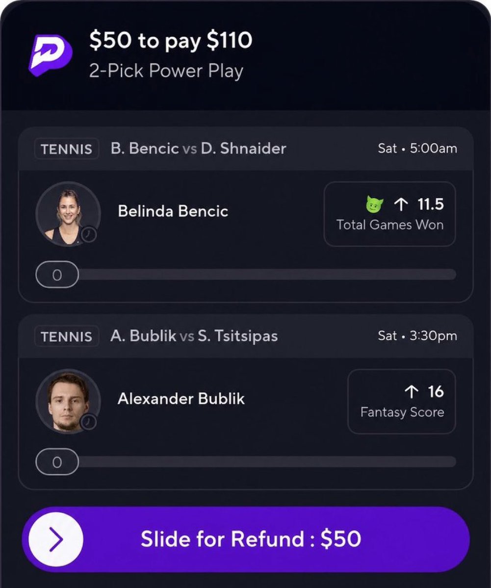 Jerzysport48011's tweet image. LADDER 🪜 CHALLENGE DAY 1️⃣

We Turning $50 into $1,760.00 in 5️⃣ Days‼️

Day 1 $50 → $110 ⏳
Day 2 $110 → $220 

Join free for most solid 

t.me/+9nFU76V4DRE4O……

#Gambling𝕏 #PrizePicks #tennis