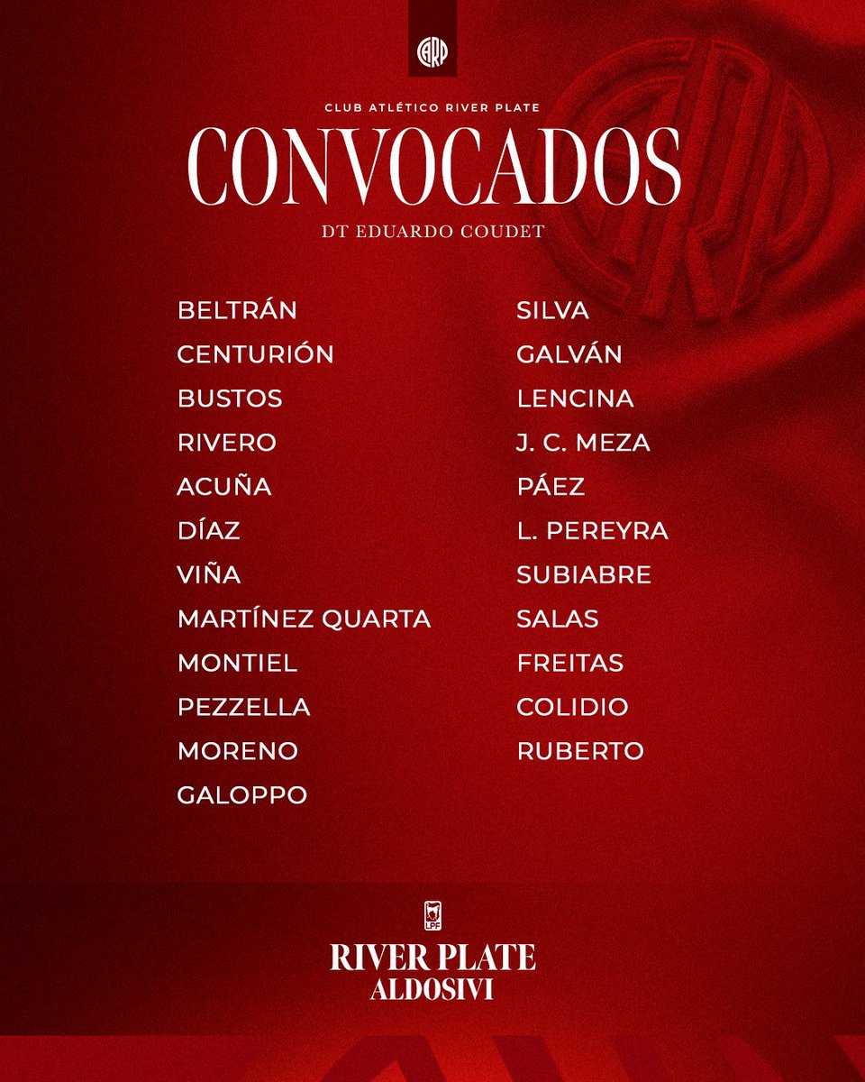 📋 𝙇𝙞𝙨𝙩𝙖 𝙙𝙚 𝙘𝙤𝙣𝙫𝙤𝙘𝙖𝙙𝙤𝙨 𝙙𝙚 #𝙍𝙞𝙫𝙚𝙧 𝙖𝙣𝙩𝙚 𝘼𝙡𝙙𝙤𝙨𝙞𝙫𝙞.

✅ Ingresan: Silva y Ruberto

❌ Fuera de la nómina: Castaño y Driussi