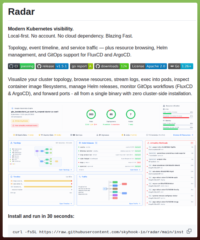 tom_doerr's tweet photo. Local-first Kubernetes dashboard with topology and real-time updates

https://t.co/W2qsKua7Pv https://t.co/Pg5p8PoeK0