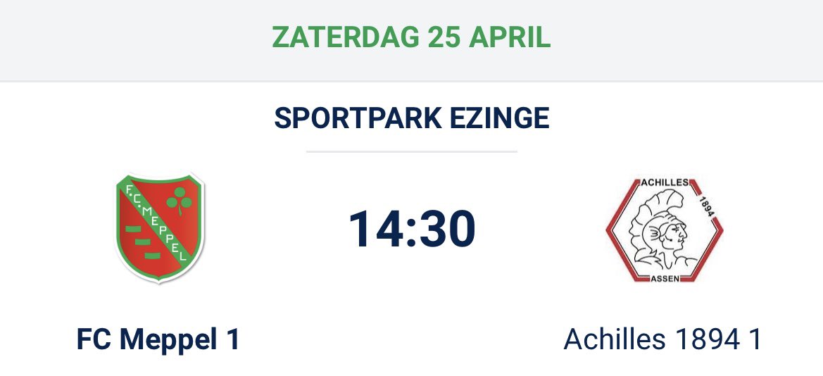 MATCHDAY 🔥
De topper tussen de nummers 2 en 1: 
FC Meppel – Achilles 1894.
Lukt het Meppel om het kampioenschap van Achilles minstens een week uit te stellen? 

Laat je horen en support de FC 💚🤍

#prestatie #plezier