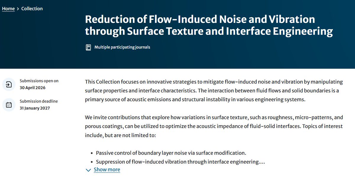 LabNvfc's tweet image. 【CFP】Discover Fluid Mechanics"Reduction of Flow-Induced Noise and Vibration through Surface Texture and Interface Engineering"
Open for submissions! / 論文募集中です！link.springer.com/collections/hg…

#FluidDynamics #Acoustics #流体力学 #騒音振動