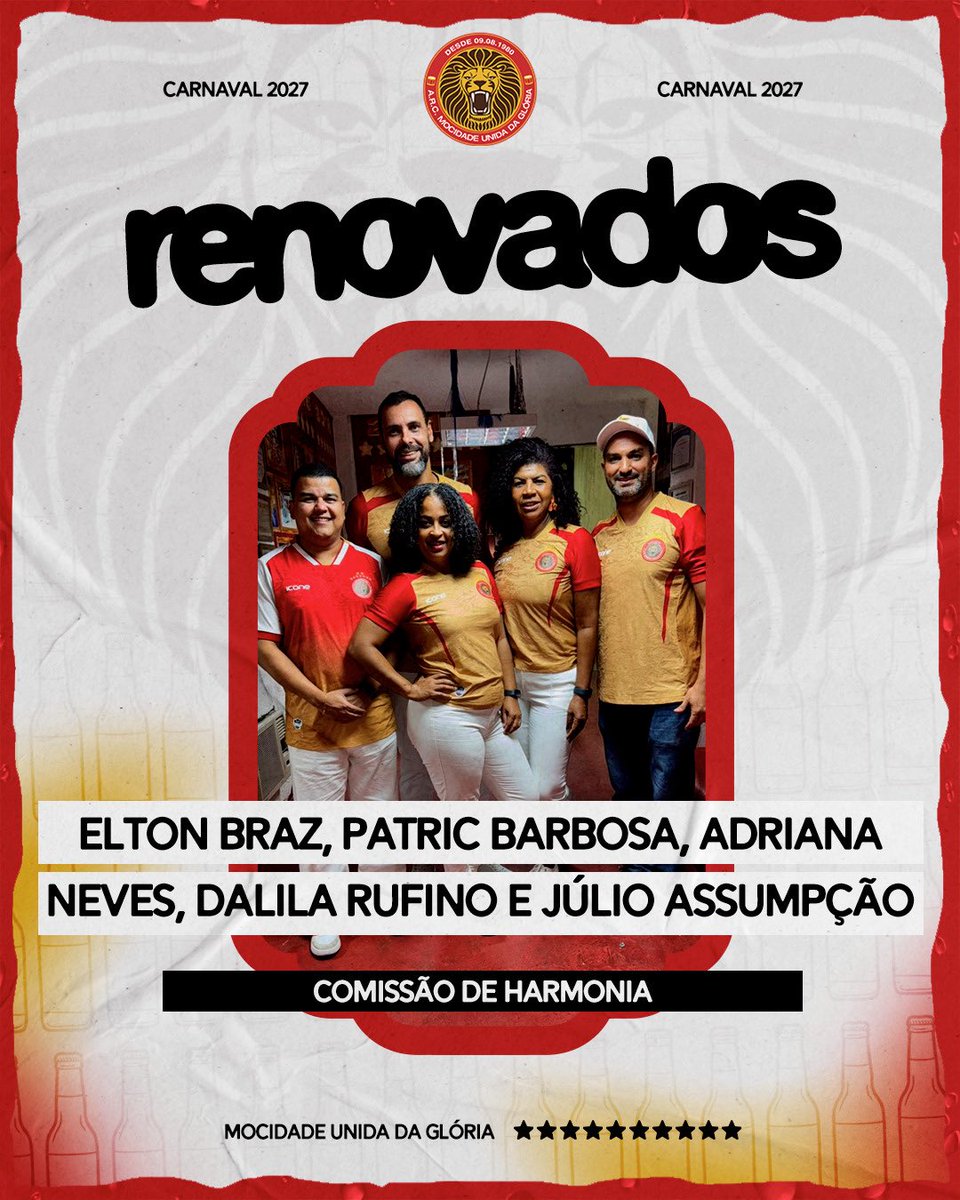 arcmug's tweet photo. Fortalecemos o nosso Carnaval 2027 com quem entende de organização, ritmo e comunidade.

Nossos "ouros da casa" formam a Comissão de Harmonia. Elton Braz, Patric Barbosa, Adriana Neves, Dalila Rufino e Júlio Assumpção estão renovados para projeto de 2027.

#avantemug #mug2027 https://t.co/wcv06s4Qzq
