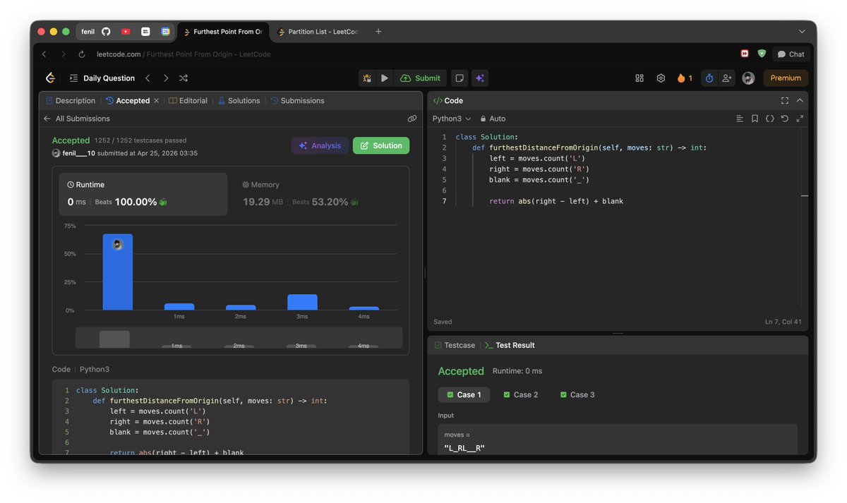fenil_10's tweet photo. Day 70 / 100 — Linked List + Greedy

Solved:
• Partition List
• Furthest Point From Origin

Small problems, but nice clarity in approach.

#100DaysOfCode #LeetCode #DSA 🚀 https://t.co/stI90DJKjD