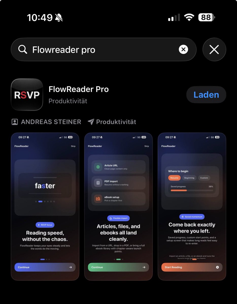 Andreas73970122's tweet image. Day 10 of posting my first App in the hope it reaches its target audience.

apps.apple.com/us/app/flowrea…

Read up to 3 times faster with FlowReader Pro. Import any article, txt, PDF or ebook.

It’s free to try, with a one time unlock, no subscription, no data collection.

#iOS
#apps