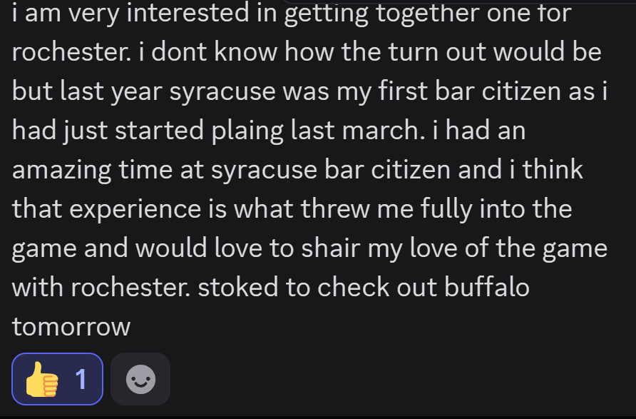 SyracuseBC's tweet image. As an organizer in NY - THIS - is what it is all about.
Right here.

This is why I do it.
This is what makes the lift worth it.
This is what these should be all about.

Good people.
Good times.
and maybe... just maybe... doing one more.

Cheers.

#StarCitizen
#BarCitizen
#OneMore