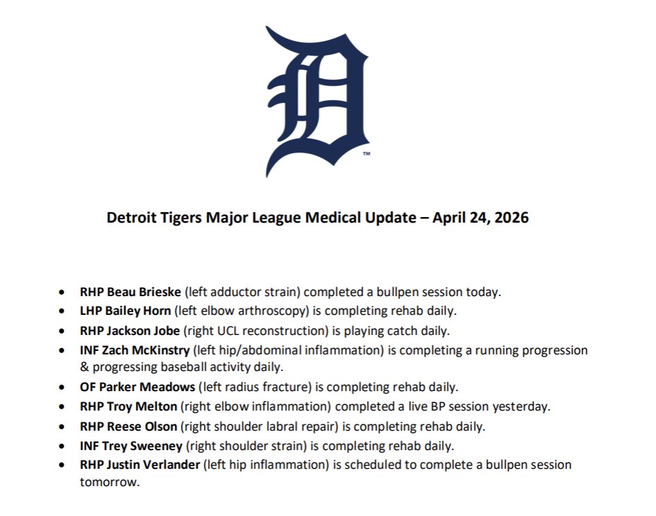 EvanPetzold's tweet image. #Tigers medical update: