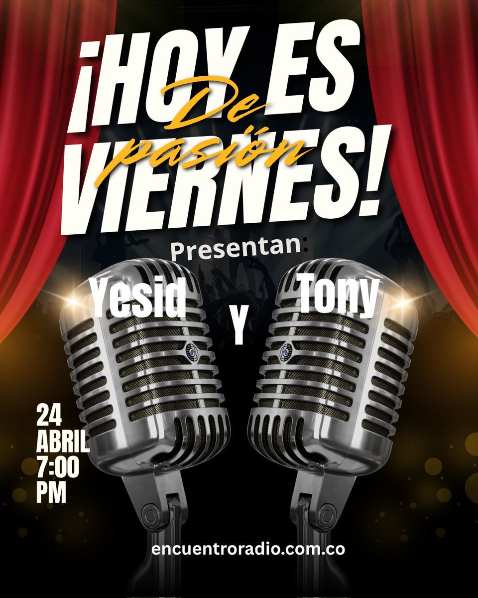 TonySoteloS's tweet photo. ¡Hoy es viernes! Y https://t.co/A1LaS3FIfP lo sabe.  Escúchanos también a través de https://t.co/dXFhRrCl8H Presentan: Yesid y Tony. #Encuentroradio @YEZORRIN https://t.co/Zs3vWmSqVa