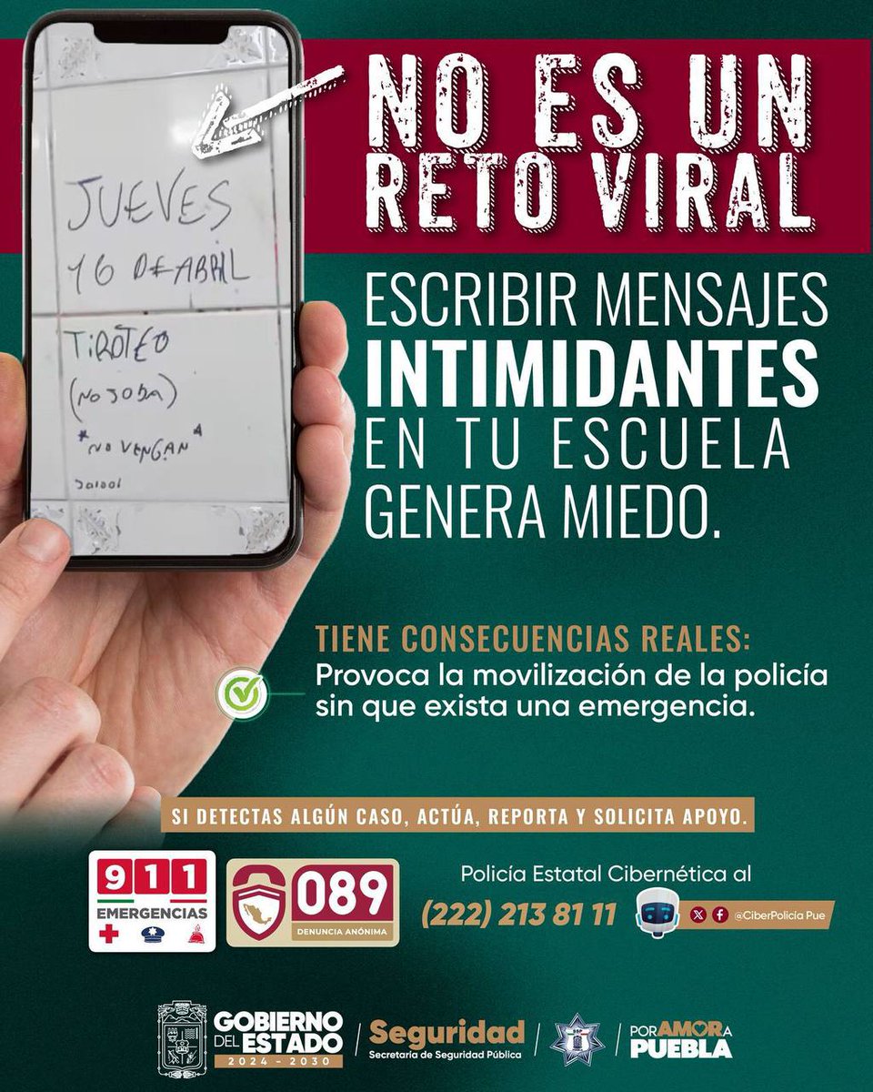 AlcanceDiario's tweet image. 🚨📱No todo lo que se vuelve viral en #redes sociales es inofensivo.

👉 Tras los presuntos mensajes sobre tiroteos relacionados con un supuesto reto de #TikTok, la #SSP de Puebla lanzó una campaña de prevención para alertar sobre los riesgos de este tipo de contenidos😮📲.