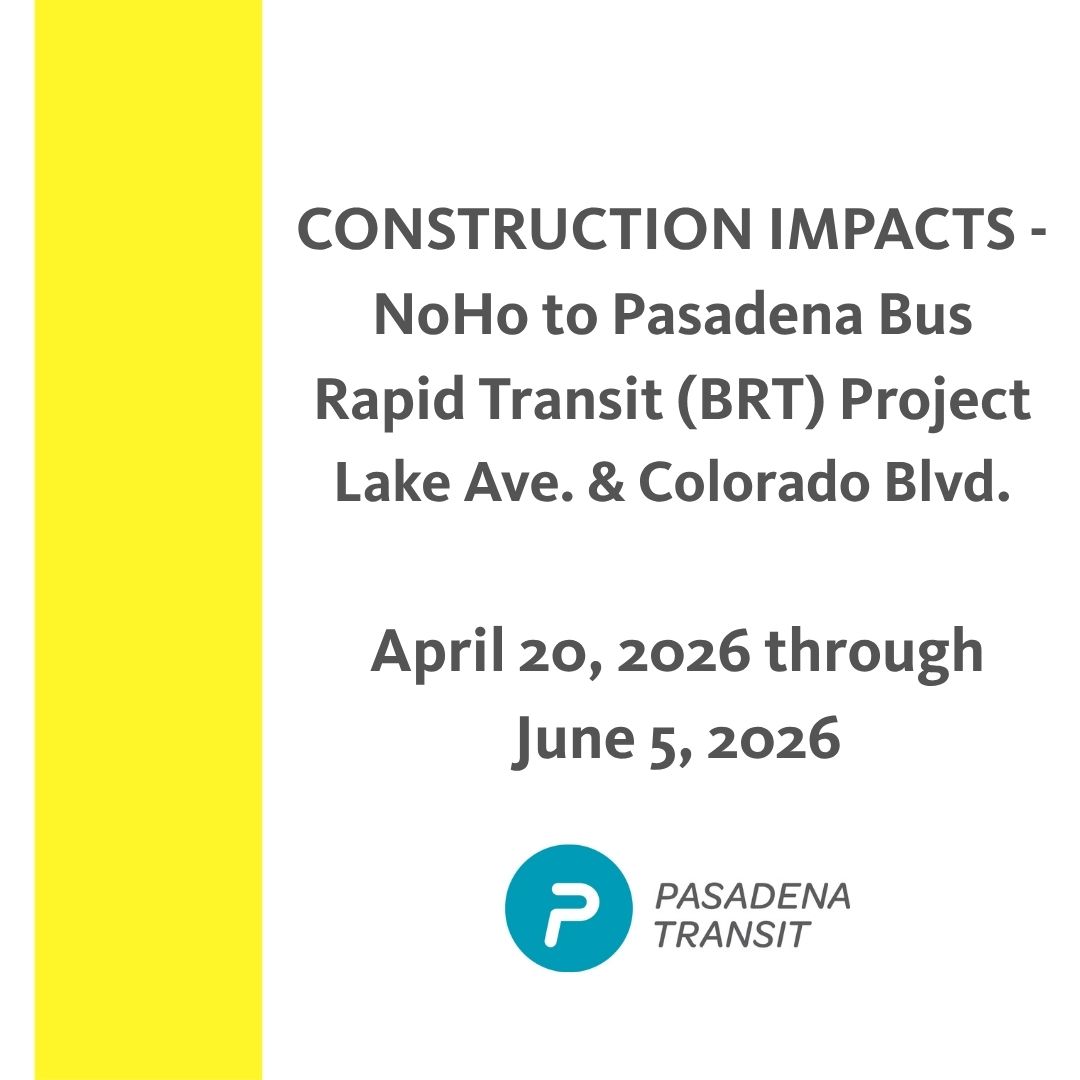PasadenaTransit's tweet photo. Due to the NoHo to Pasadena BRT Project, the RT10 stop at Colorado &amp; Lake (NW corner) will be closed through June 5. Please use the WB stop at Colorado &amp; Oak Knoll. Construction is dynamic and schedules are subject to change. For more info, please visit https://t.co/X80avT3ePQ https://t.co/T2DmUtcZf9