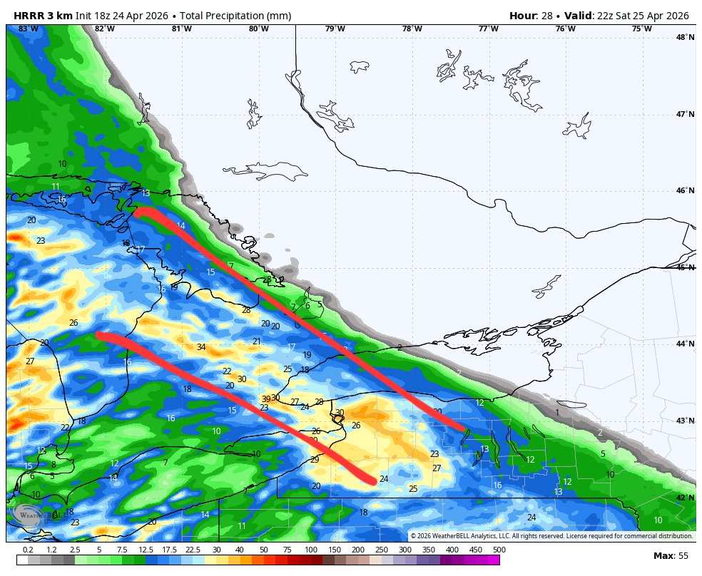 WxOntario1's tweet image. Line of heavy rain with some thunderstorms embedded slowly tracking towards SW #Ontario

Soggy evening/ overnight on tap with steady rainfall expected

General 5-15mm with a swath of 15-30+mm likely from Mid Western Ont towards the #GTA

Rain slowly clears out from NW to SE