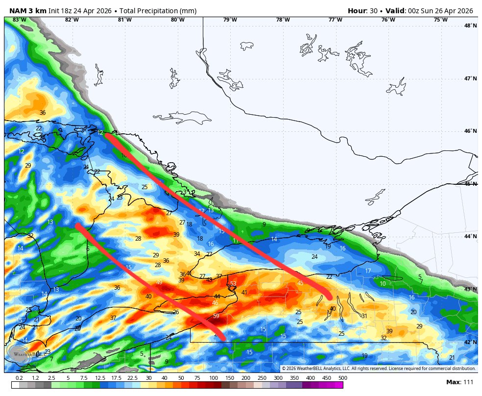 WxOntario1's tweet image. Line of heavy rain with some thunderstorms embedded slowly tracking towards SW #Ontario

Soggy evening/ overnight on tap with steady rainfall expected

General 5-15mm with a swath of 15-30+mm likely from Mid Western Ont towards the #GTA

Rain slowly clears out from NW to SE