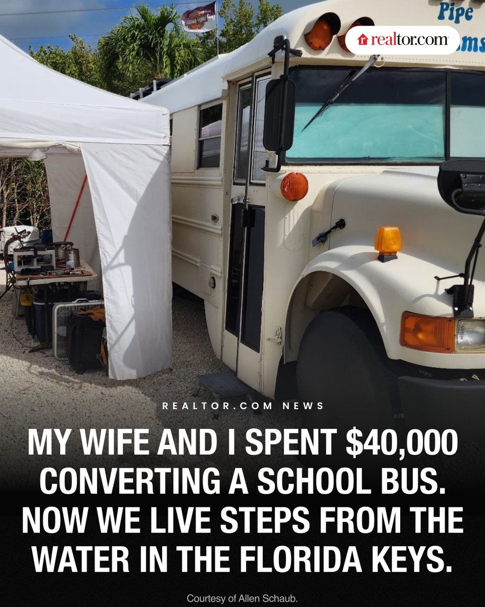 realtordotcom's tweet image. Allen Schaub couldn't afford to buy in the Florida Keys, where even manufactured homes fetch half a million dollars, so he and his wife drove their $40,000 converted school bus down from Ohio and parked it at a Sugarloaf Key campground for around $4,000 a month. Between