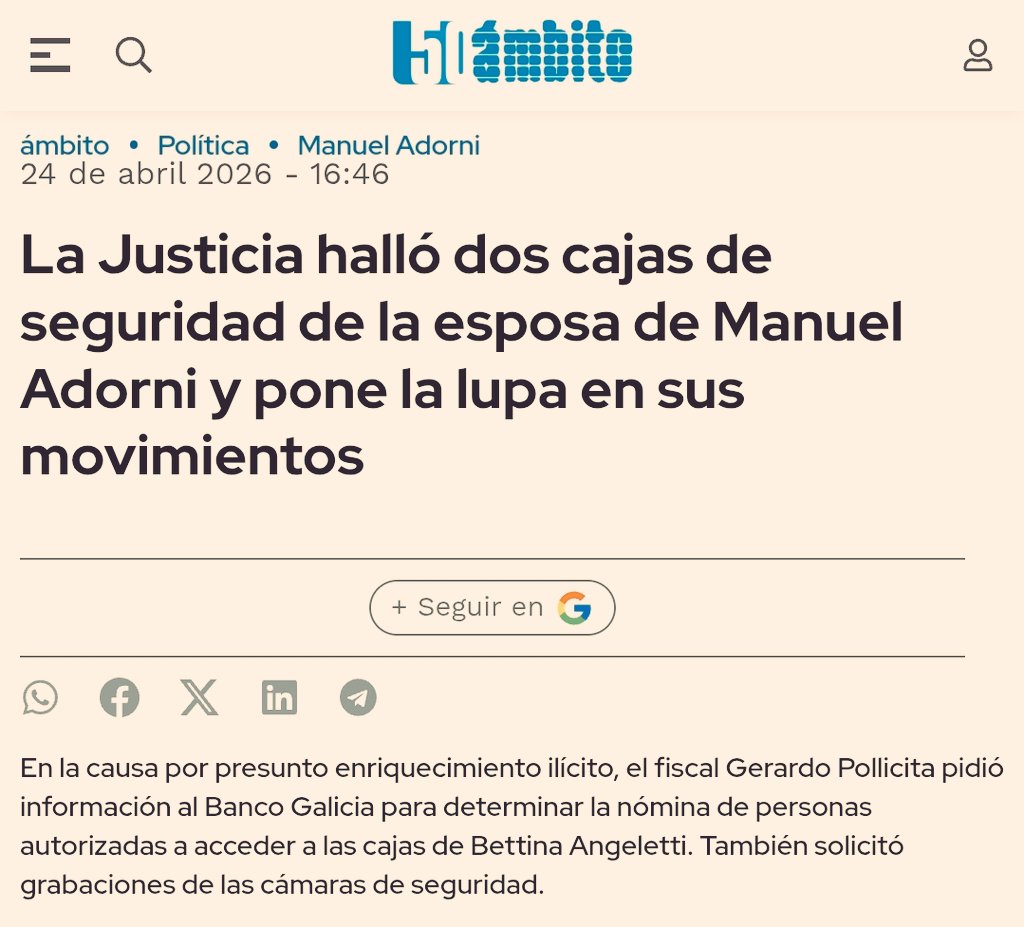 Aparecieron dos cajas de seguridad de la esposa de Adorni.
Todos los días los libertarios intentan instalar temas-humo para desviar la atención, pero las aventuras de Manolito ofrecen noticias diarias que arruinan ese plan.