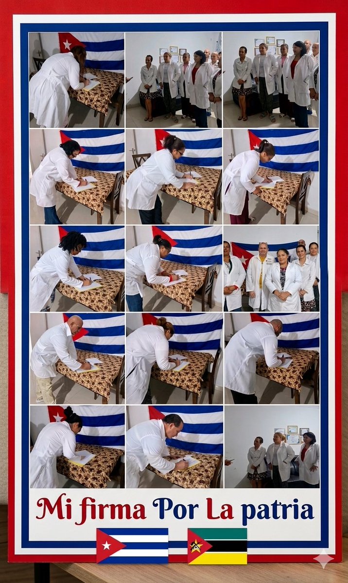Desde la #BrigadaMedicaCubanaMatolaMozambique🇨🇺🇲🇿
Hoy Firmamos por La patria ,Las conquistas ,Por la Paz ,en apoyo a nuestra Revolución ,por la soberanía de nuestro pueblo 🇨🇺