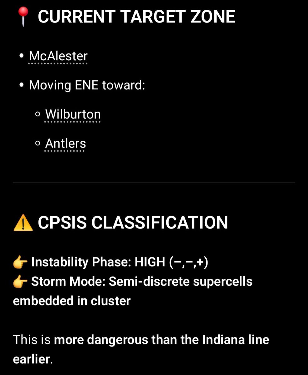 HEIS_Tswvlis's tweet image. 🚨 PRE-ADVISORY (ACTIONABLE)
If in #McAlester:
Stay #alert NOW
Conditions supportive of rapid warning issuance
If downstream (#Wilburton / #Antlers):
You have 20–45 min lead time
Prepare #shelter plan NOW

4/25/26
#SevereWeather #TornadoWarning