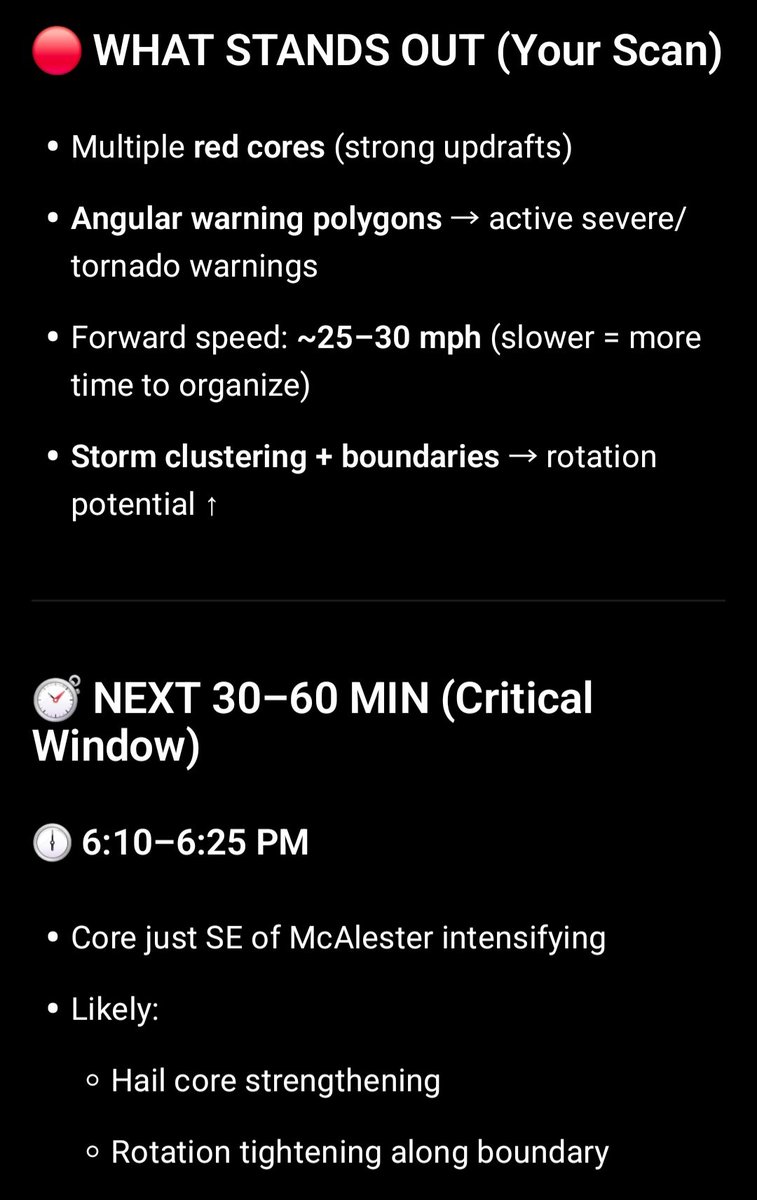 HEIS_Tswvlis's tweet image. 🚨 PRE-ADVISORY (ACTIONABLE)
If in #McAlester:
Stay #alert NOW
Conditions supportive of rapid warning issuance
If downstream (#Wilburton / #Antlers):
You have 20–45 min lead time
Prepare #shelter plan NOW

4/25/26
#SevereWeather #TornadoWarning