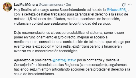 UltimaHoraCR's tweet image. #SALUD | Luz Maria Múnera anunció que desde hoy deja la intervención en Nueva EPS en medio de la crisis del sistema, tras gestionar más de 11,5 millones de afiliados.

Su salida se da en medio de tensiones y cambios en la Superintendencia, y deja advertencias sobre giro directo,