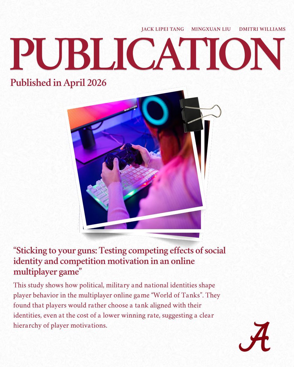 UACCISScholars's tweet photo. 🚨 New Publication Alert

Drs. Jack Lipei Tang, Mingxuan Liu and Dmitri Williams published in the Journal of Media Psychology on how real-world identity shapes in-game decisions, even when it hurts performance.

Read more: https://t.co/PXq4U74dWv https://t.co/vsZUMc7w6a