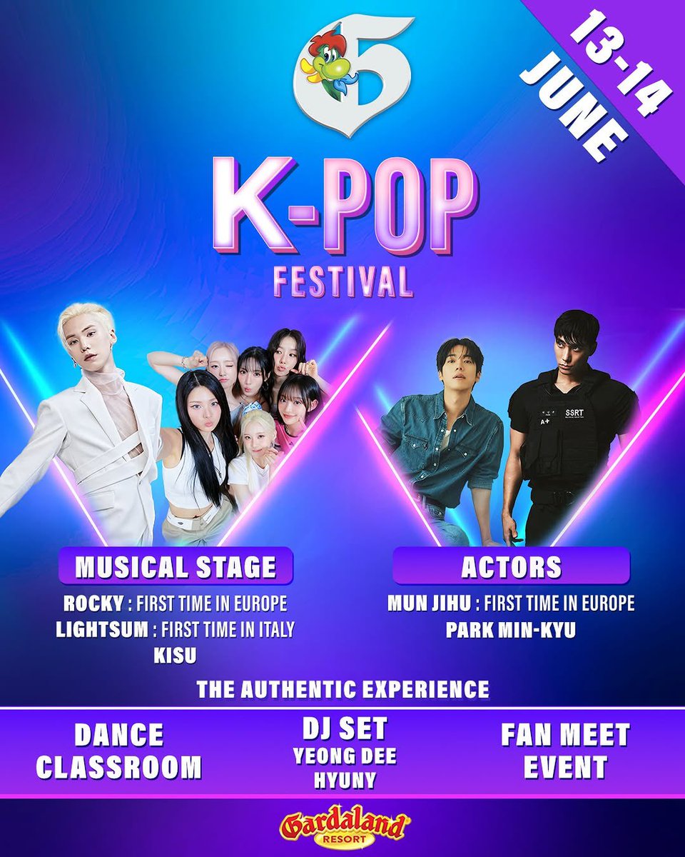 nugupromo's tweet photo. Italian theme park Gardaland Resort has announced the lineup for its K-pop Festival taking place on June 13-14, featuring appearances from LIGHTSUM, former 24K's Kisu, and former A-JAX's Mun Jihu alongside former ASTRO's Rocky and Single's Inferno 3's Park Minkyu. https://t.co/VSfpGU8Isu