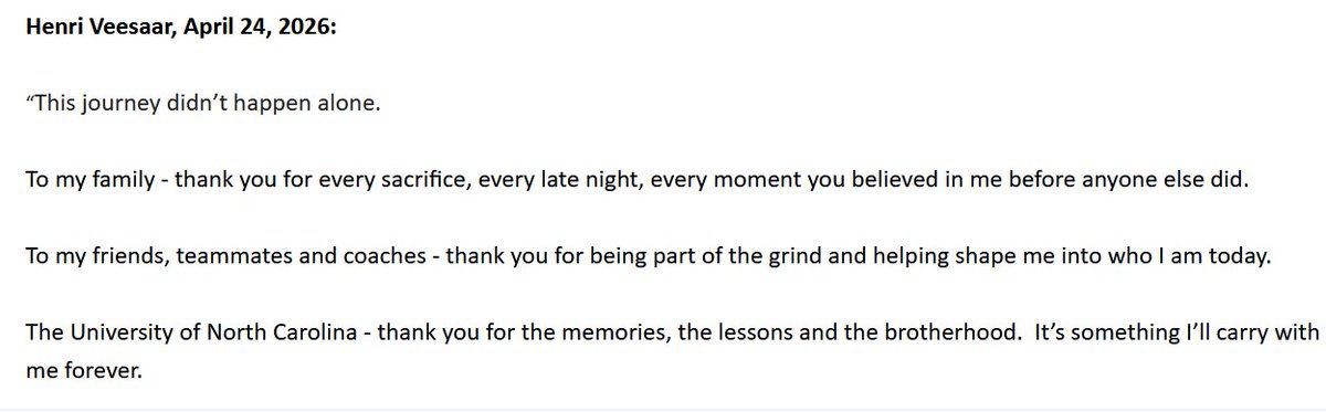 RL_Bynum's tweet photo. Statement from Henri Veesaar #UNC https://t.co/bqdAk8Dztb