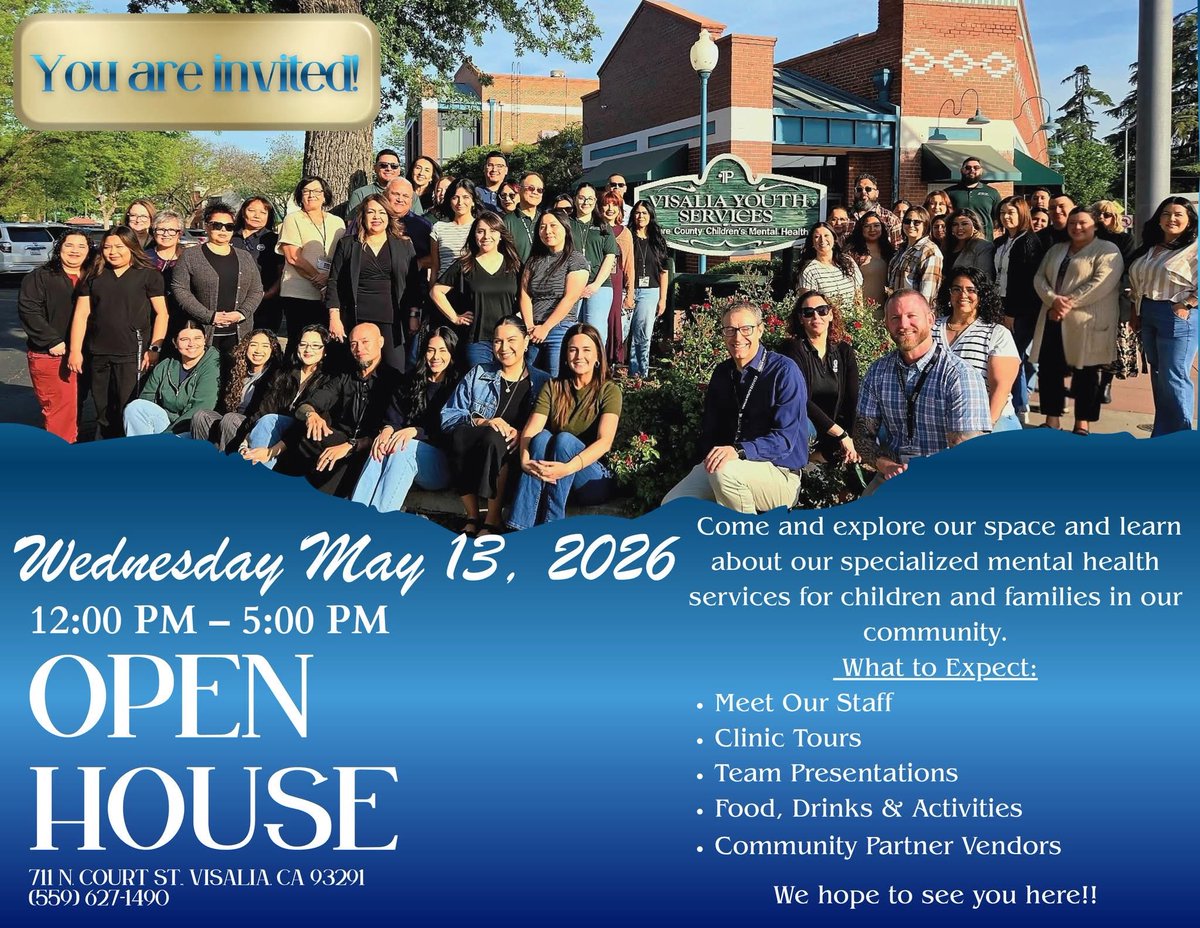 It’s that time again… OPEN HOUSE is almost here! 🎉

We love any excuse to celebrate the incredible work happening every day at Visalia Youth Services-and this is our favorite one. Come see it all in action! 

Join us on Wednesday, May 13th, 2026