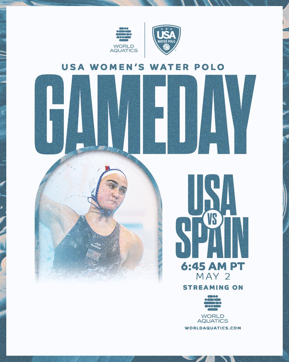 USAWP's tweet image. Gear up for GAMEDAY for the @TeamUSA Women tomorrow morning at the 2026 @WorldAquatics World Cup Division 1 Tournament!

USA 🇺🇸 vs Spain 🇪🇸
📍 Rotterdam, Netherlands
⏰ 6:45am pt (May 2)
💻 worldaquatics.com/news/4487595/w…
📊 …cupwp2026.microplustimingservices.com/#/match-detail…

#TeamUSA | #WaterPolo