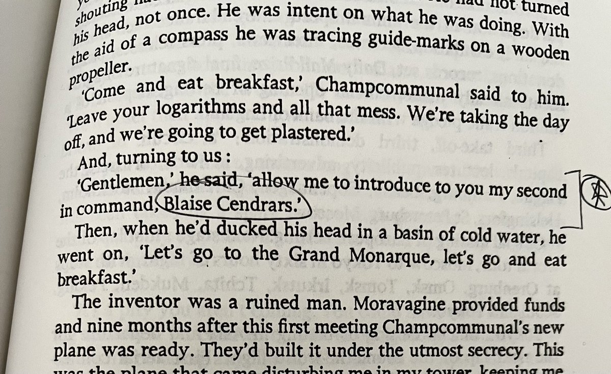 pacdelory's tweet photo. We finally get to the author self-insert. Well, there’s a fictional character named Blaise Cendrars, not to be confused with the author of the book Blaise Cendrars. Which is, in fact, a pseudonym. I forget what level of irony we’re on. https://t.co/G5AX93CYnb
