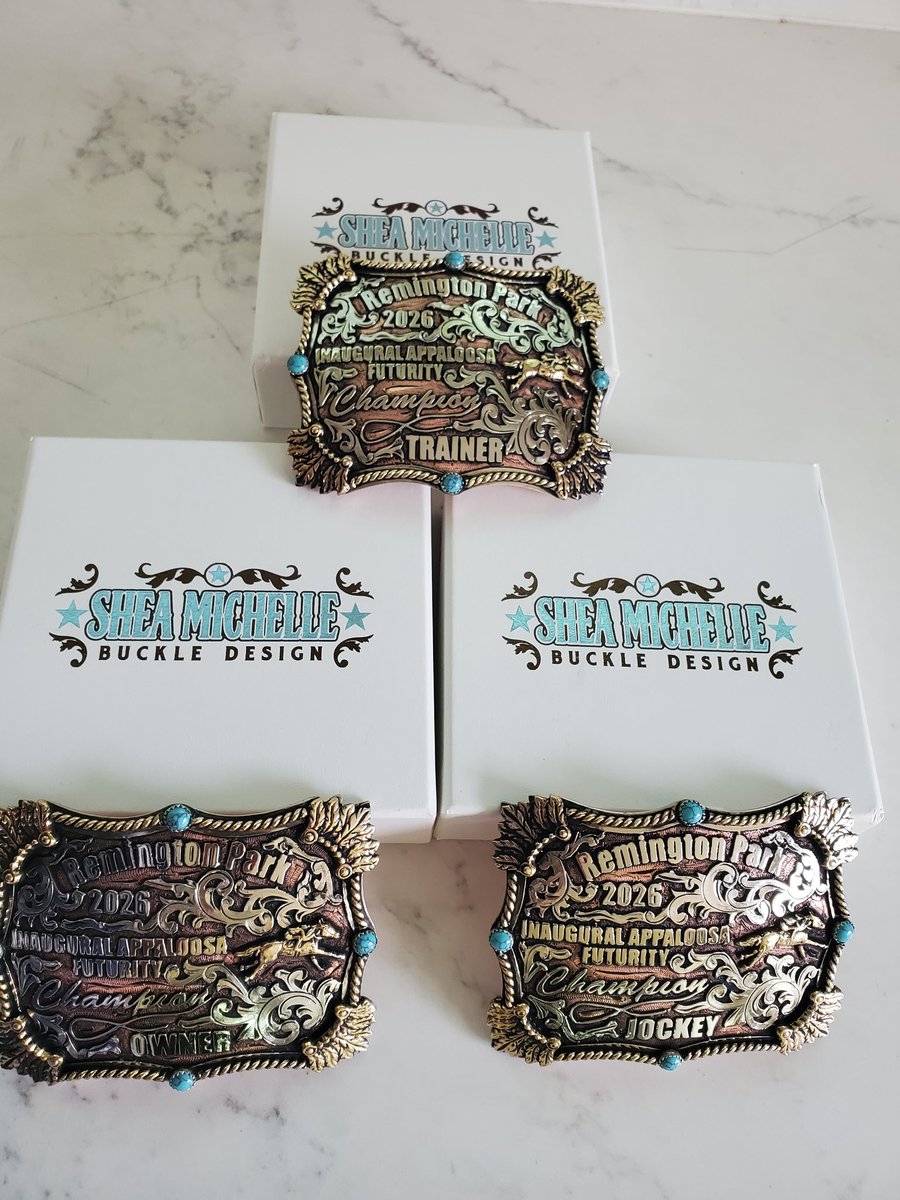 AppaloosaRacing's tweet photo. We would like to thank Shea Michelle for making the buckles for tonight's Remington Park Appaloosa Futurity! https://t.co/jYrFJ7y4FA