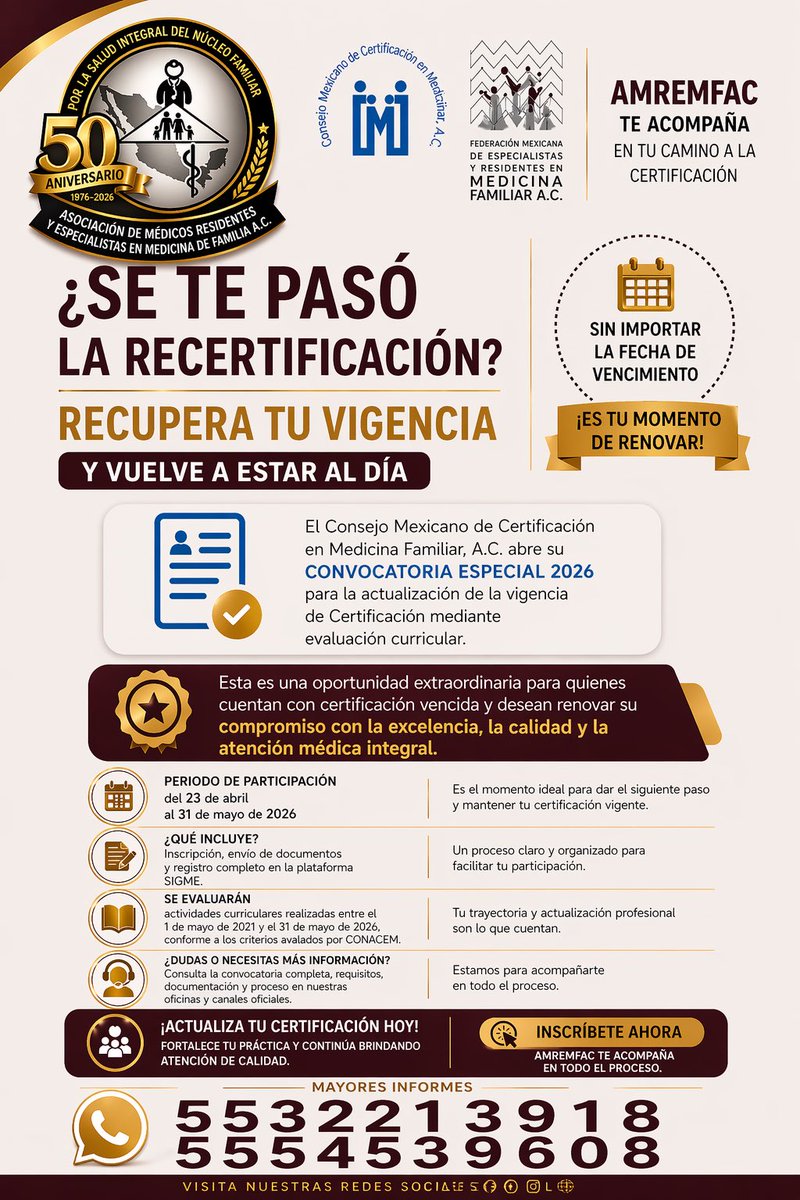 AmremfacAc's tweet photo. La certificación en Medicina Familiar es reflejo de compromiso, calidad y actualización continua. Si tu certificación venció, esta es tu oportunidad de regularizarla mediante evaluación curricular. 

Informes: 5532213918 | 5554539608 

#MedicinaFamiliar #Certificación https://t.co/YsWYAoAIa1