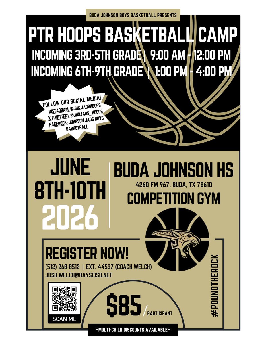 JHSJags_Hoops's tweet photo. PTR Hoops Summer Camp 🏀
June 8–10 | Johnson HS
Incoming 3rd–9th
$85 (multi-child discounts avail)

Scan QR on flyer to register 📲
Spots are limited!

#PoundTheRock🪨⚒️ #PTRHoops https://t.co/kEtYAUJOy5