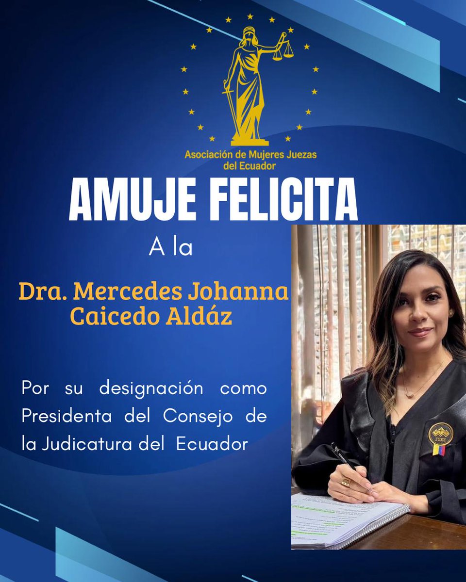 La AMUJE felicita a la Dra. Mercedes Caicedo por su designación como Presidenta del Consejo de la Judicatura del Ecuador.  Auguramos una gestión exitosa, con transparencia, independencia y perspectiva de género. 
 #AMUJE #JusticiaEcuador #MujeresEnLaJusticia
