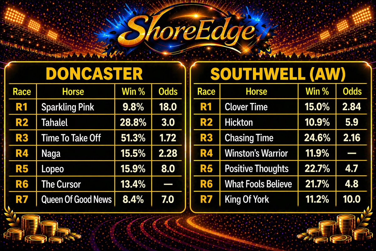 ShoreBets_'s tweet image. ShoreEdge Saturday Selections 👇
Total P&amp;amp;L +343.57U | 22% ROI 💰
Huge day of racing, full coverage across all meetings ✅
High volume on the board with the model continuing to generate consistent places and winner 💪
Best of luck with you picks and please stake responsibly 🫡
