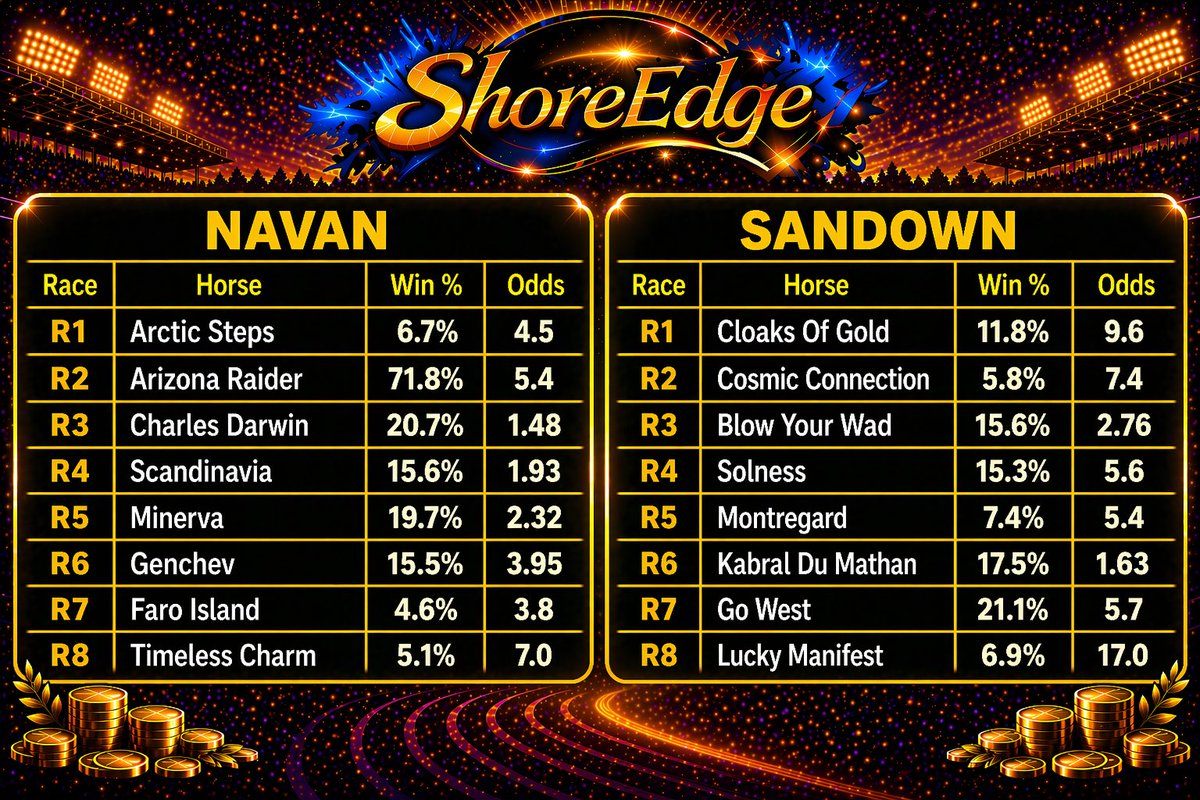 ShoreBets_'s tweet image. ShoreEdge Saturday Selections 👇
Total P&amp;amp;L +343.57U | 22% ROI 💰
Huge day of racing, full coverage across all meetings ✅
High volume on the board with the model continuing to generate consistent places and winner 💪
Best of luck with you picks and please stake responsibly 🫡