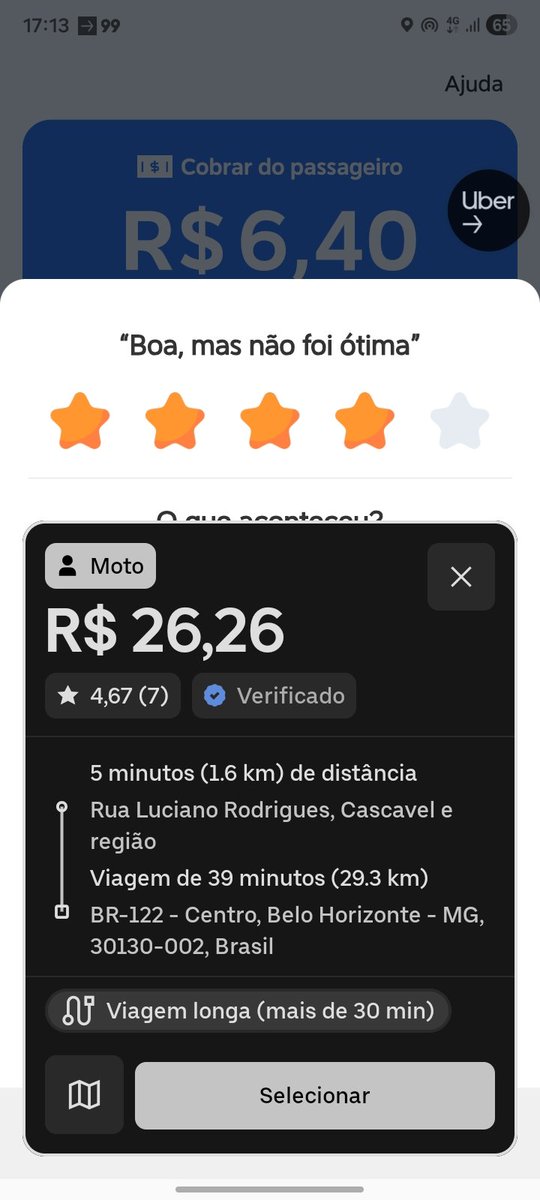 De Cascavel/CE pra BH R$ 26,26 👏🏻👏🏻👏🏻 tá ótimo dona <a href="/Uber/">Uber</a>