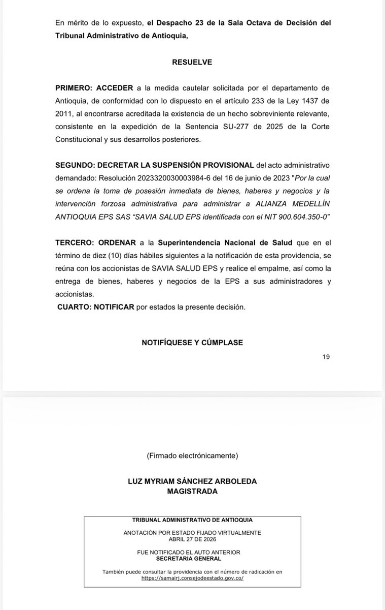Atención: El Tribunal Administrativo de Antioquia suspendió provisionalmente la intervención del gobierno del presidente <a href="/petrogustavo/">Gustavo Petro</a> a la EPS Savia Salud y le ordenó a la <a href="/Supersalud/">Supersalud</a> que la devuelva a sus administradores y accionistas. Vía <a href="/BluRadioCo/">BluRadio Colombia</a>