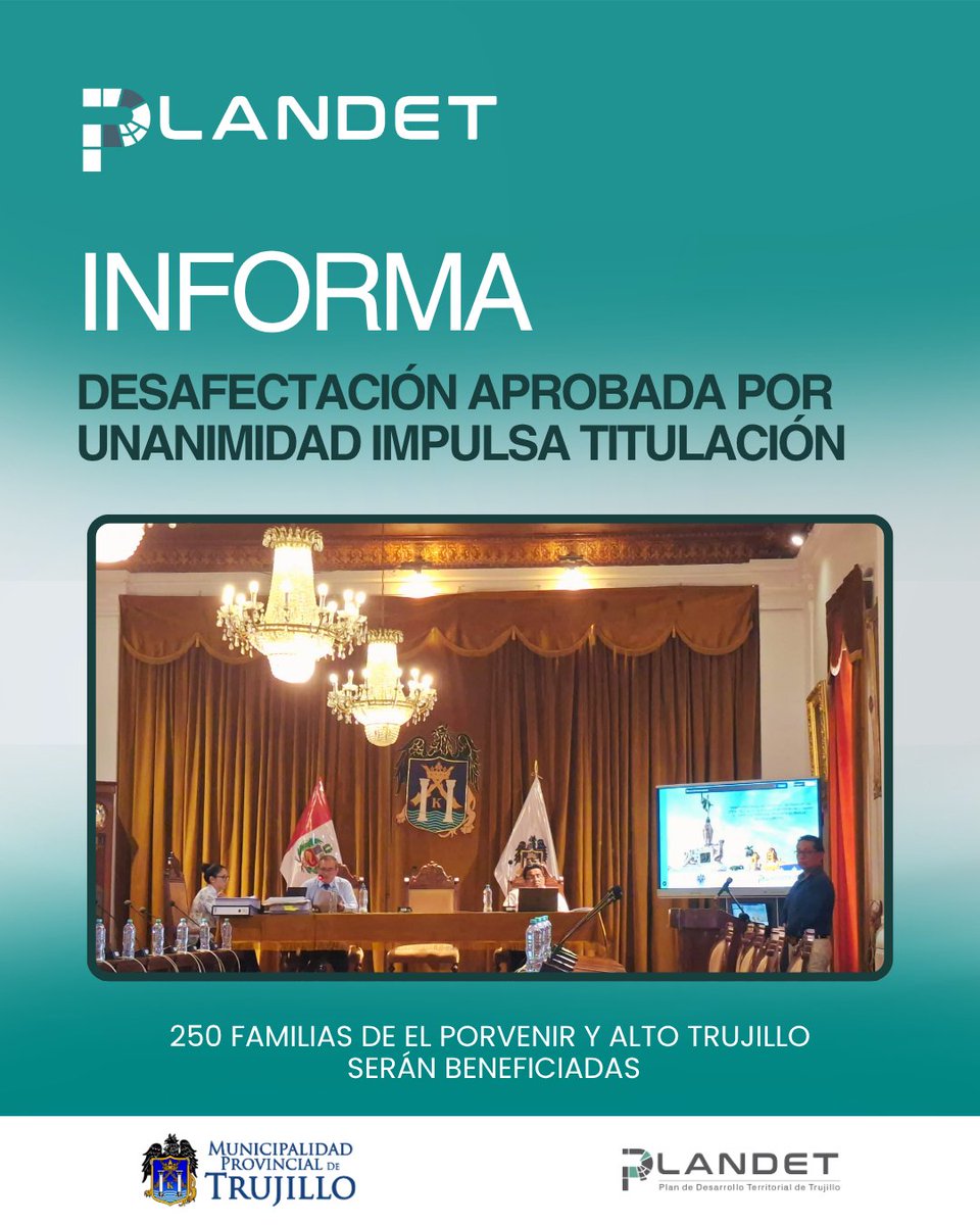 Plandet_mpt's tweet photo. Desafectación aprobada por unanimidad impulsa titulación.
La MPT, a través de PLANDET, logró la desafectación de predios en El Porvenir y Alto Trujillo, beneficiando a 250 familias que podrán acceder a su titulación.
#PLANDET #MPT #Trujillo #Titulación https://t.co/L5GYTKDJpT