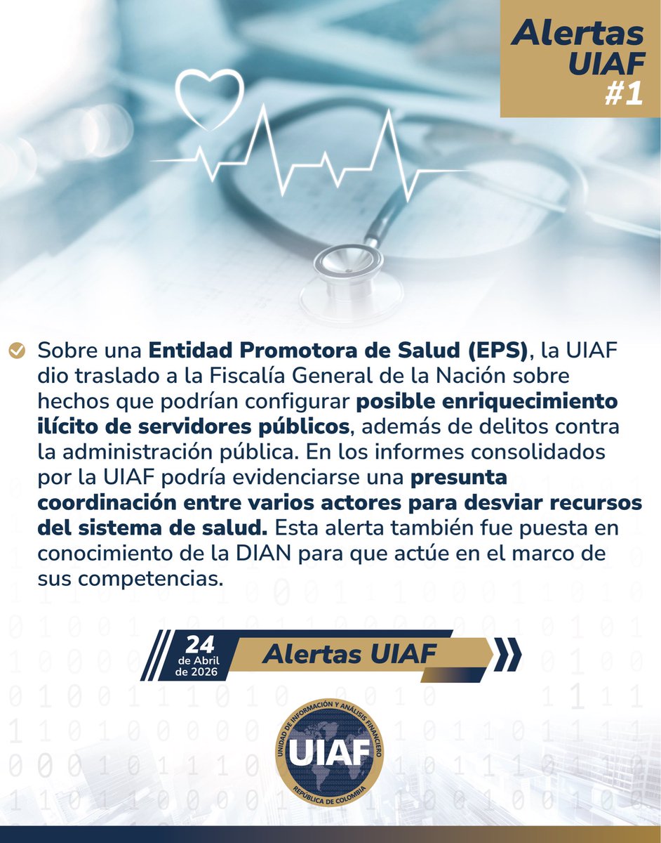 UIAFColombia's tweet photo. 🚨Desde hoy la @UIAFColombia informa públicamente las alertas trasladadas por actividades sospechosas de lavado de activos y otros posibles delitos. 👀 La #AlertaUIAF 1️⃣ sobre una EPS fue enviada a @FiscaliaCol con información acerca de posibles enriquecimiento ilícito   👇🏽… https://t.co/5P2MlsdQbi