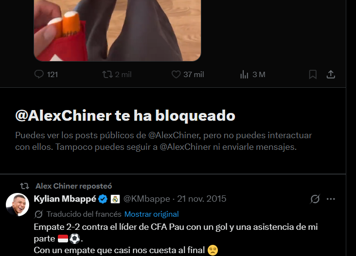 Me ha bloqueado Alex Chiner por decirle que consume estupefacientes. Ha muerto la comedia.