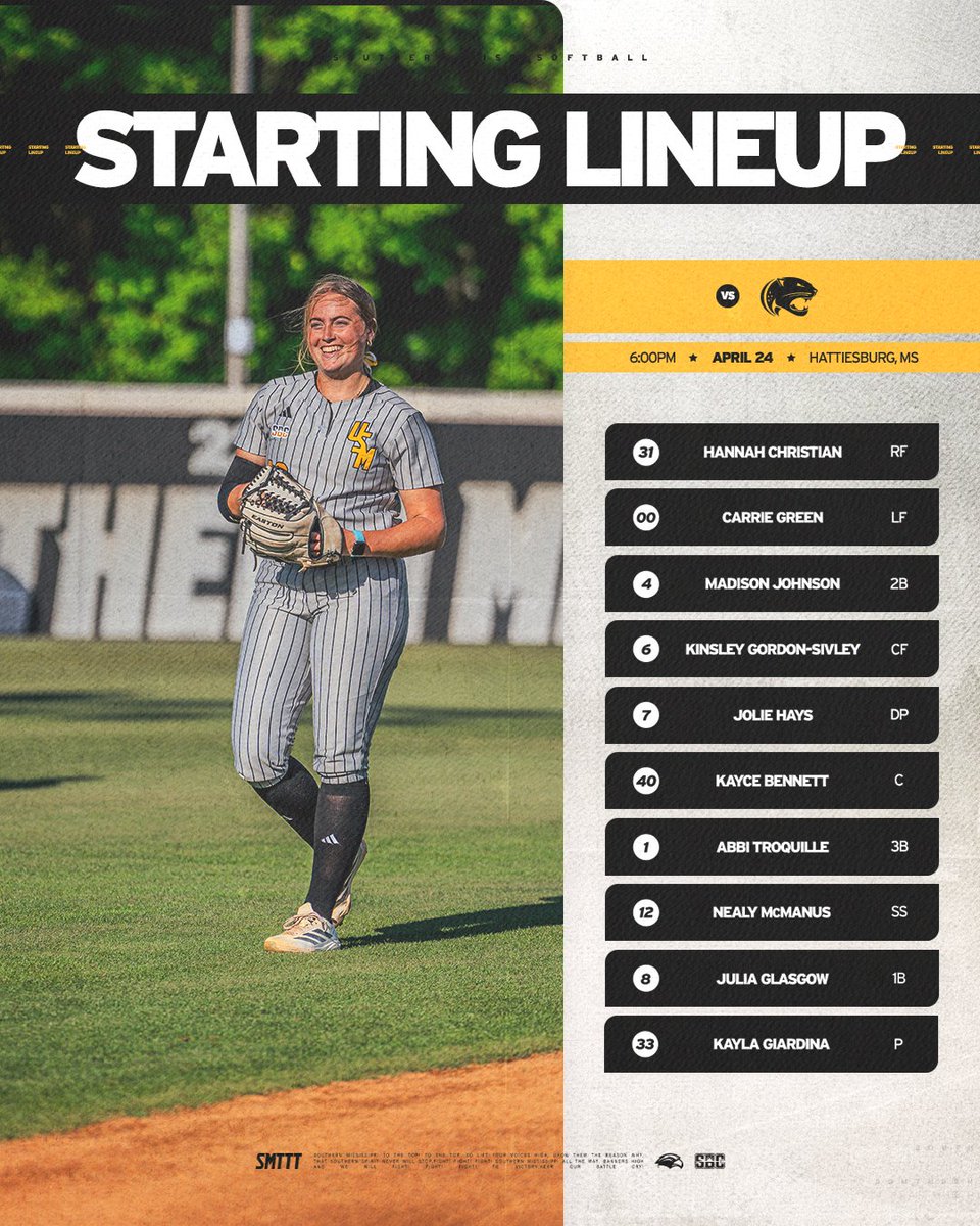 SouthernMissSB's tweet image. Friday starters 🤩

📺: smttt.info/48Vv1hR
📊: smttt.info/4d3qAnB

#SMTTT |#LockedIn