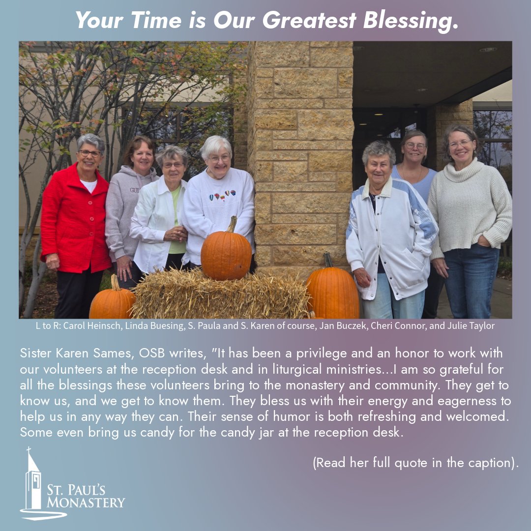 st_monastery's tweet photo. From welcoming guests to serving in liturgy, our volunteers make daily life at the Monastery possible and we are deeply grateful. As Sister Karen Sames, OSB says, 

"Their support allows us to extend our hospitality to our guests, employees and Sisters." https://t.co/opM8aC5UMD