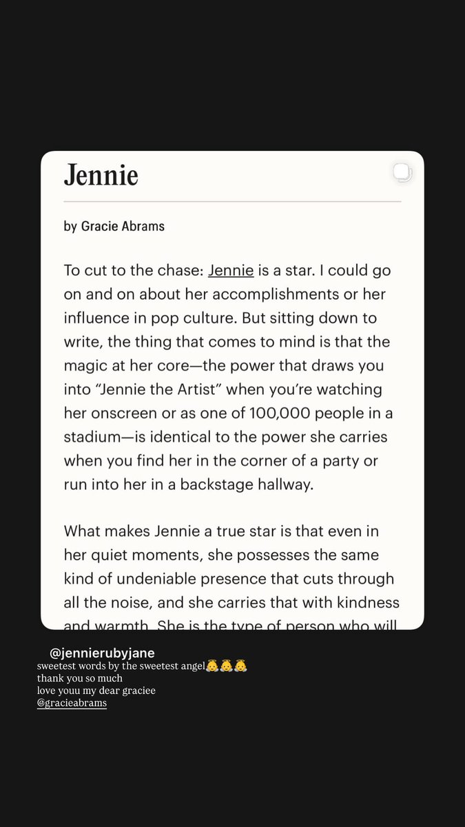 260425 #JENNIE IG Story Update

“@.alisonmchang
my partner in crime”

“@.dakotajohnson 🤍”

“sweetest words by the sweetest angel👼👼👼
thank you so much
love you my dear graciee @.gracieabrams”