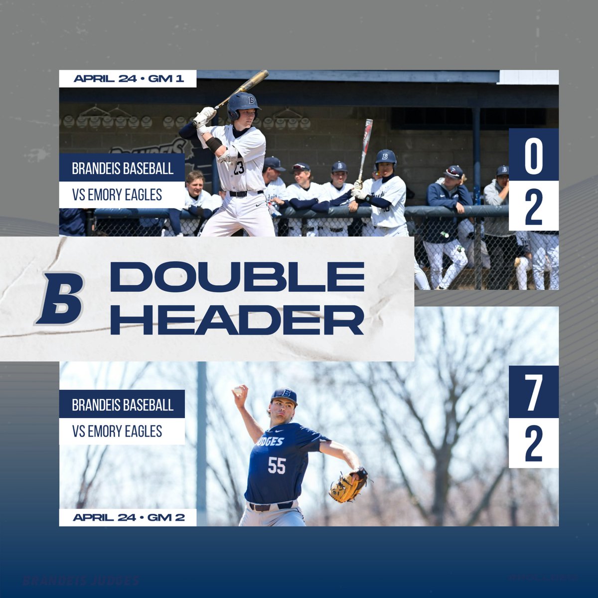 BrandeisJudges's tweet photo. Quinn Lanagan had a breakout day at the plate, going 4-7 with 2 RBI and a double, and Andrew Tringe had 7 shutout innings in Game 2 as @JudgesBaseball split at Emory, giving the Judges their most wins since 2022! #RollDeis https://t.co/nGPbWuZWgE https://t.co/0dspBGQDQF