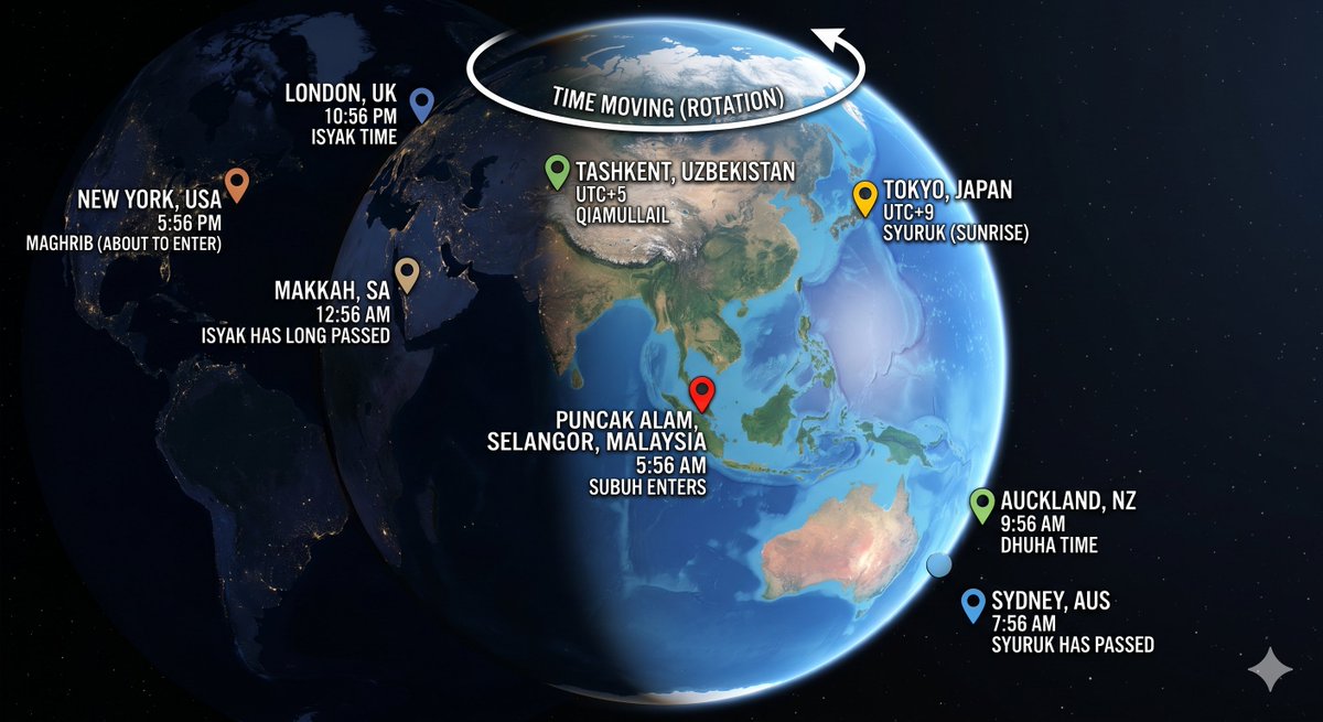 napeeder's tweet image. The Global Prayer Wave 🌊: When it’s Subuh in Puncak Alam (5:56 AM), it’s already Dhuha in New Zealand, Maghrib in New York, and Isyak in London.
The world is a beautifully synchronized machine. ⚙️🌍

#TimeZones #Malaysia #GlobalSync