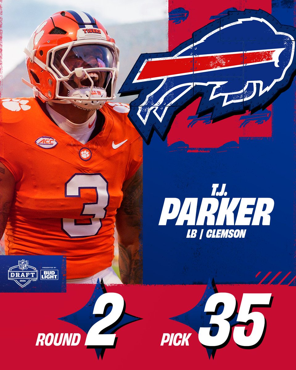With the No. 35 overall pick in the 2026 <a href="/NFLDraft/">NFL Draft</a>, the <a href="/BuffaloBills/">Buffalo Bills</a> select T.J. Parker.

NFL Draft on NFLN/ESPN/ABC
Stream on <a href="/NFLPlus/">NFL+</a>
