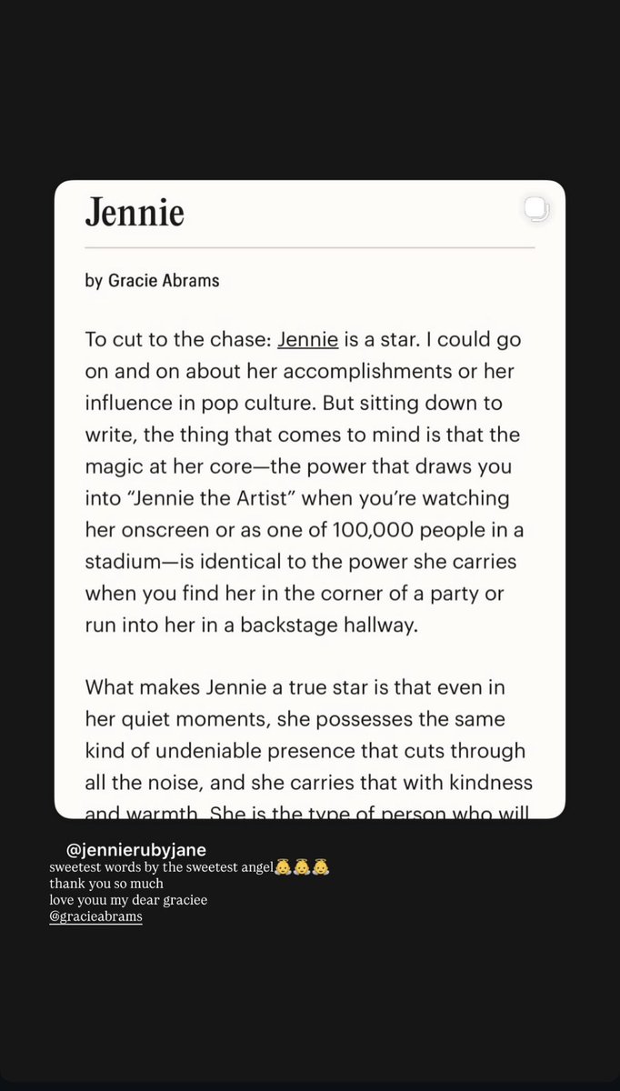 #JENNIE agradeceu Gracie Abrams pelo tributo escrito em sua homenagem no TIME 100: 

“Palavras mais doces da pessoa mais doce 🥺🥺🥺
muito obrigada
te amo, minha querida Gracie”