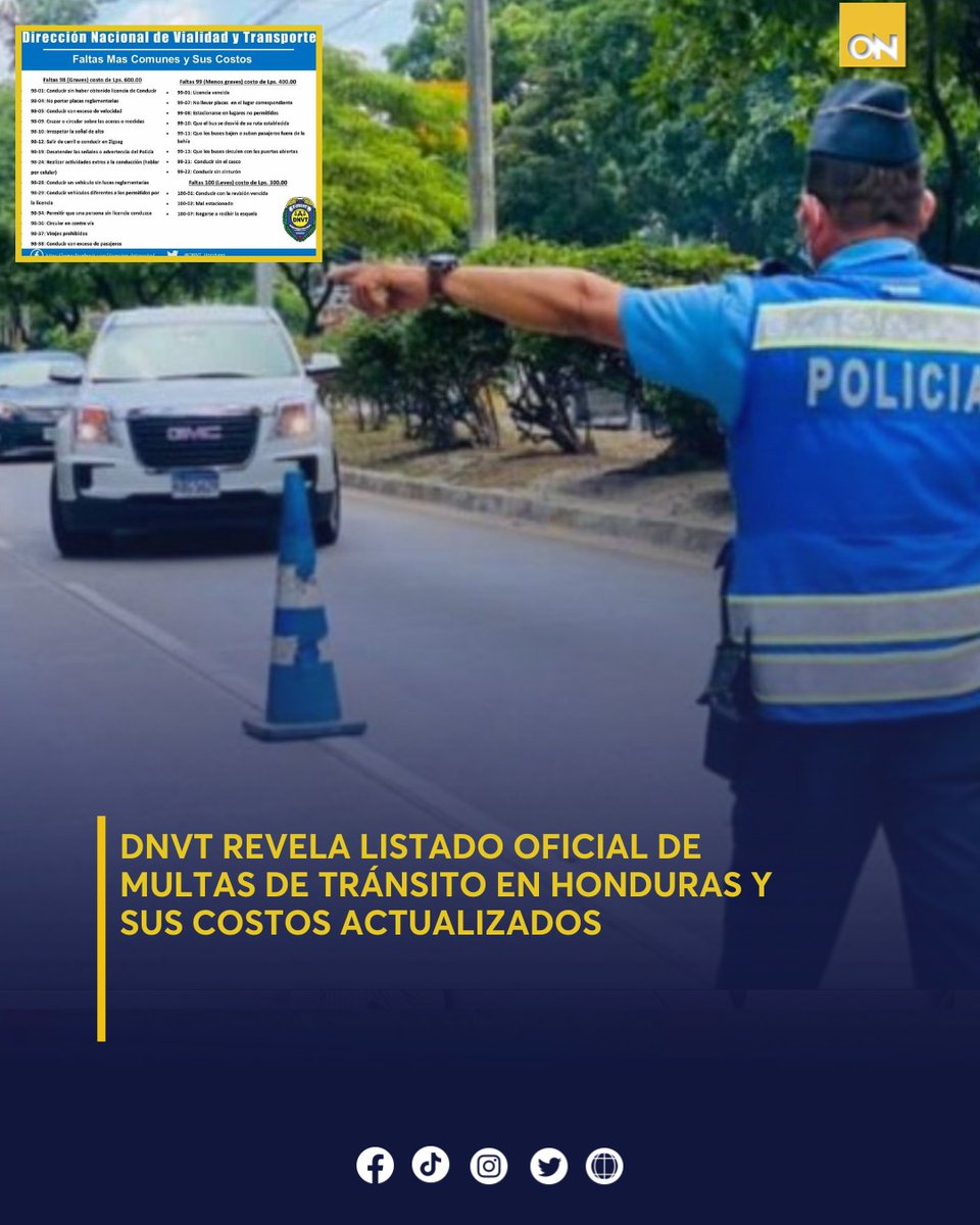 11_Noticias's tweet photo. 🚨 La DNVT publicó el listado oficial de multas de tránsito en Honduras. Evita multas: respeta las señales y conduce con responsabilidad. 🚗✅
Conoce las nuevas multas👇🏻
https://t.co/FEwZbNXLy2
#DNTV #Honduras #Tránsito https://t.co/2KqYzIXNFn