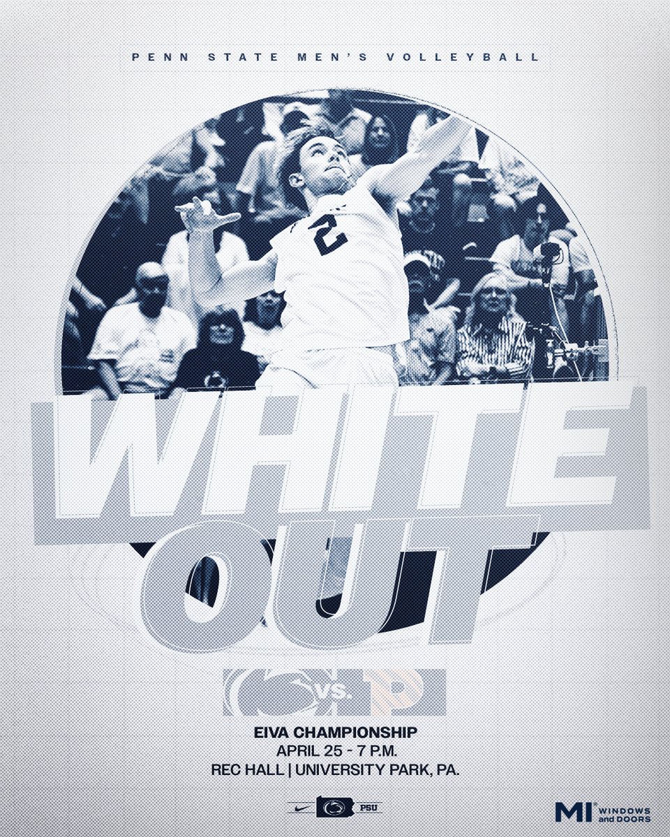 PennStateMVBALL's tweet photo. ⚪️⚪️ EIVA CHAMPIONSHIP ⚪️⚪️

Penn State fans, let's WHITE OUT Rec Hall!

🎟️ https://t.co/Cl4i2MDgF7

🆓 Students from both schools free with ID

#WeAre https://t.co/IgIFby3gLz