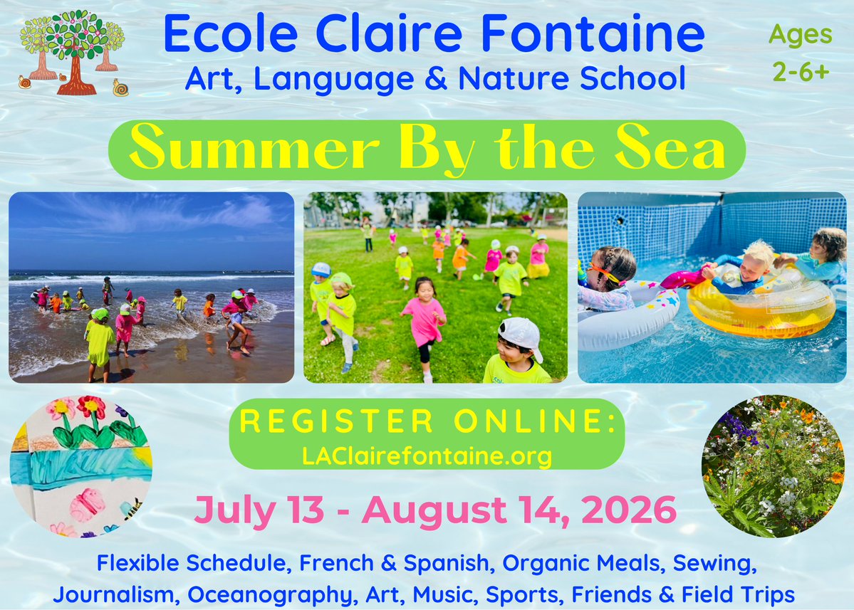 EcoleClair's tweet image. Summer By the Sea! Registration is online! Adventures, organic food, French and fast friends. Take a tour on May 22nd. Sign up for both via LAClairefontaine.org #art #gardening #sports #kindergartenready #preschool #tk #transitionalkindergarten #learnthroughplay #kindergarten