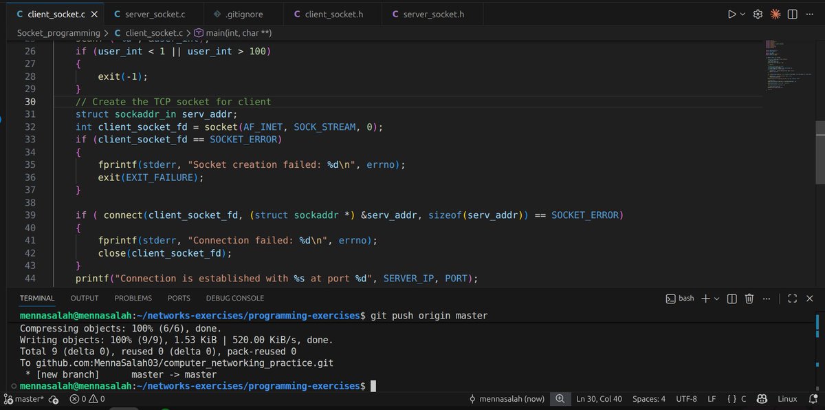 Menna_Salah03's tweet photo. الإنجاز في الsocket programming مش كتير بردو عملت كود مبدأي للكلاينت و السيرفر بس بحاول أفهم الموضوع أكتر و رفعت أول commit هل ممكن تكون بداية ستريك على GitHub؟ غالبا لا بس حنشوف🥸
مجموعة المقالات دي لطيفة لفهم الموضوع بالذات بالC 
https://t.co/DbyhLCCEGC
#YearOfDevOps https://t.co/D43HkZeJ4g